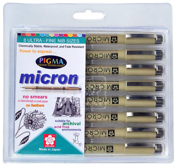 SAKURA PIGMA MICRON FINELINER PENS, CLASSIC SET OF 8 ASSORTED NIB SIZES, BLACK