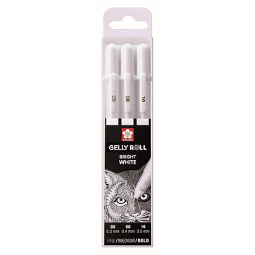 SAKURA GELLYROLL WHITE GEL INK PENS, SET OF 3 ASSORTED NIB SIZES