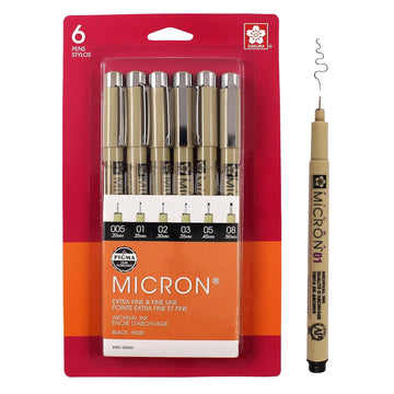 Sakura Pigma Micron Fineliner Pens - Archival Black Ink Pens - Pens for Writing, Drawing, or Journaling - Assorted Point Sizes - 6 Pack