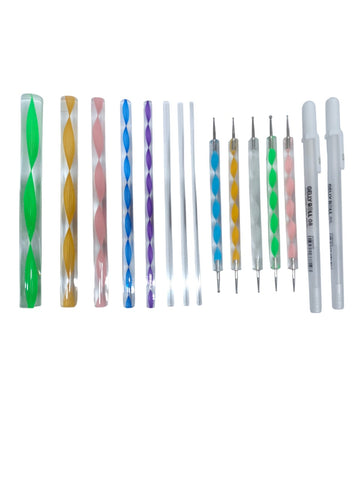 Art and Craft Mandala Designer Dot Painting Tool Sticks (Pack of 8), Double Ended Designer Dotting Tool 5 Pcs with Stainless Steel Ball for Clay, Mandala Art, Pottery, Ceramic, Nail Art & 2 X White 0.8mm Gel Pen for Highlighting