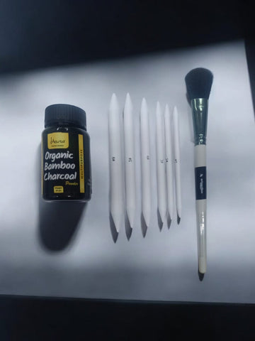 Art White Paper Art Blending Stumps or Tortillon for Shading, Blending and Smudging (Pack of 6), Blending Foundation Brush and Pure Powdered Charcoal, Fine and Uniform Particles, Soft and Dark (90gm)