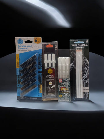3 Black Charcoal Pencil,3 White Highlighter Pen and 6 Compressed Charcoal Sticks