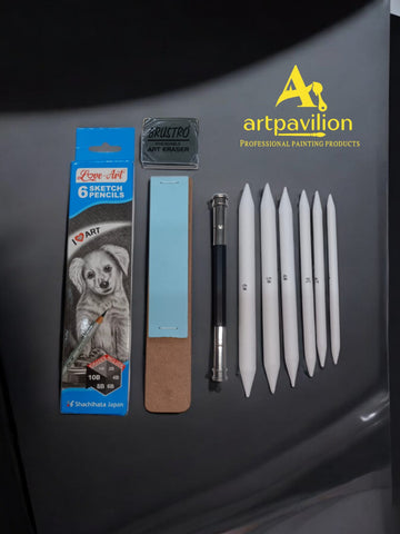 6 Love-Art Sketch Pencils + Blending/Smudging Stumps Set of 6 (Size 1 to 6) + Sand Paper Pencil/Stump Sharpener + One Kneadable Eraser for Graphite and Charcoal Pencils