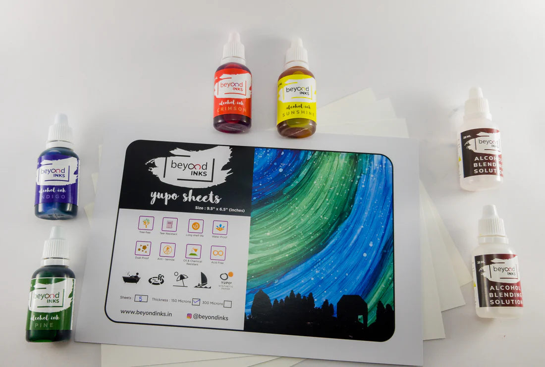 Alcohol Ink Starter Kit - 4 Inks, 2 Blending Solutions and 5 sheets YUPO