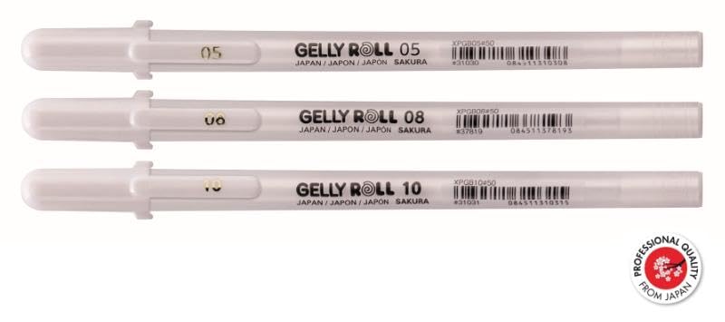 SAKURA GELLYROLL WHITE GEL INK PENS, SET OF 3 ASSORTED NIB SIZES