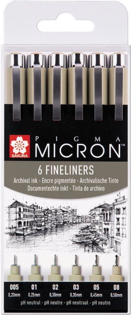 SAKURA PIGMA MICRON FINELINER PENS, CLASSIC SET OF 6 ASSORTED NIB SIZES, BLACK