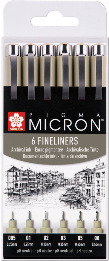 SAKURA PIGMA MICRON FINELINER PENS, CLASSIC SET OF 6 ASSORTED NIB SIZES, BLACK
