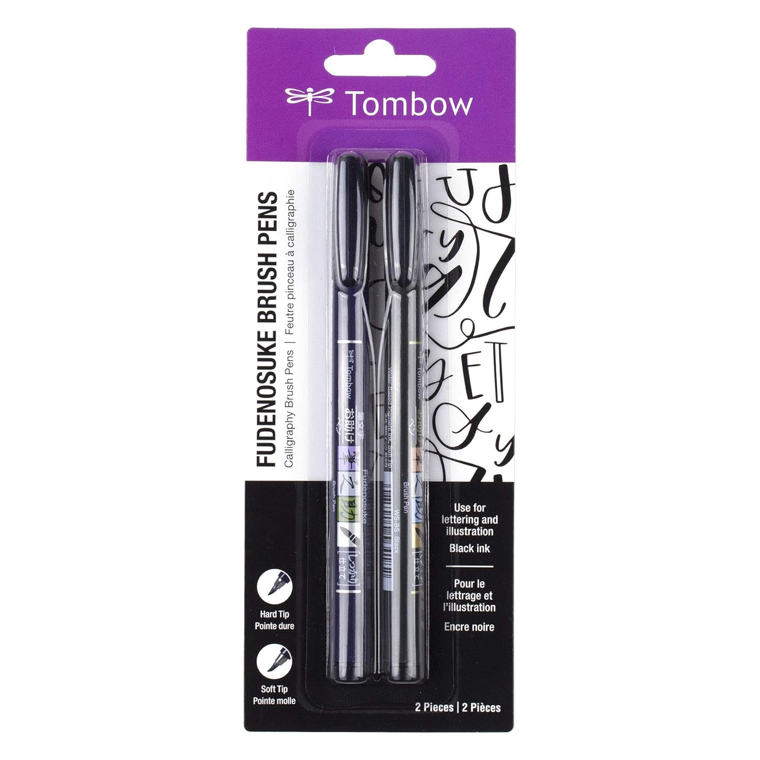 TOMBOW FUDENOSUKE BRUSH PEN SET, BLACK, HARD & SOFT TIP, 2-PACK