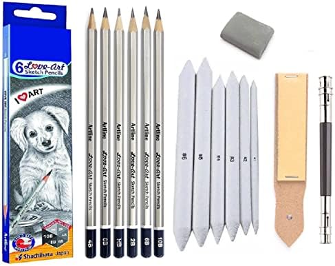 6 Love-Art Sketch Pencils + Blending/Smudging Stumps Set of 6 (Size 1 to 6) + Sand Paper Pencil/Stump Sharpener + One Kneadable Eraser for Graphite and Charcoal Pencils
